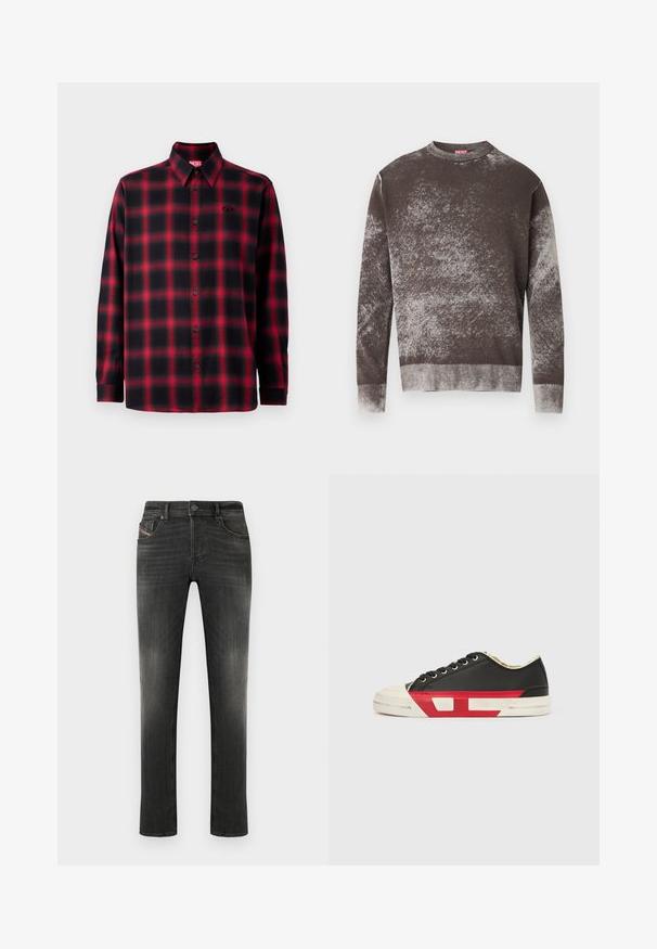 Pull à col rond à manches longues, marron et gris moucheté, avec des poignets et un ourlet côtelés, arborant un petit logo brodé sur la poitrine.; Chemise en flanelle à carreaux noire et rouge avec manches longues, fermeture à boutons, col pointu et un petit logo sur la poitrine gauche.; Jean gris foncé à coupe standard, design à cinq poches, légère décoloration et finition texturée subtile. Fermeture par bouton métallique à la taille.; Baskets en toile noire avec des accents rouges, un bout en caoutchouc et une semelle blanche. Elles présentent des lacets noirs et un design texturé sur le côté.