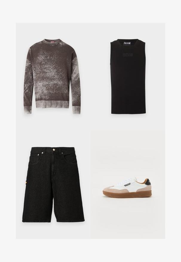 Brun og grå pletmønstret langærmet rundhalset sweater med ribbedkanter på ærmer og kant, med en lille broderet logo på brystet.; Sort ærmeløs ribstrikket top med kvadratisk udskæring og "Versace Jeans Couture" logo broderet på brystet.; Sorte denimshorts med et klassisk fem-lomme design, sølvhardware og en diskret orange detalje på sidelommen.; Hvide og beige ruskinds sneakers med en brun gummi sål, flade snørebånd og en sort hæl-accent. Har logo detaljer på siden.