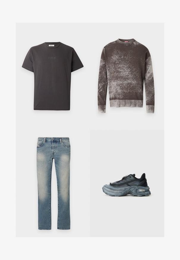 Brun og grå pletmønstret langærmet rundhalset sweater med ribbedkanter på ærmer og kant, med en lille broderet logo på brystet.; Mørkegrå kortærmet bomulds-t-shirt med et diskret reliefprint af "REPLAY" logoet foran. Rund halsudskæring og afslappet pasform.; Lyseblå denim jeans med lige ben, falmede områder, fem lommer og knaplukning. Stoffet viser let slid og brugsmærker.; Sort og grå Diesel sneakers med tyk sål, snørrebåndslukning og tekstureret design på en ensfarvet lysegrå baggrund.