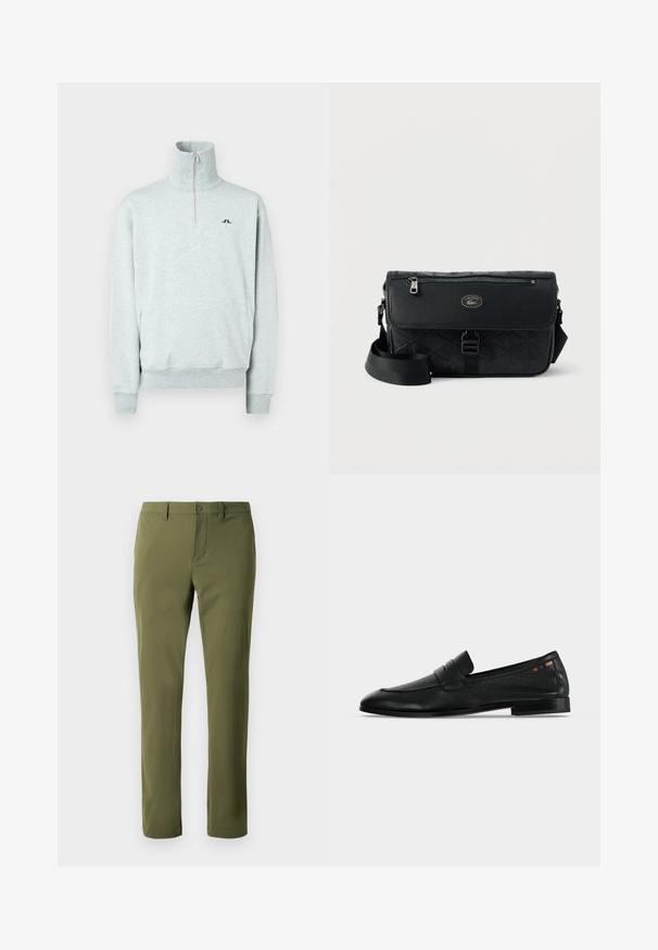Lys grå quarter-zip pullover med høj krave, lange ærmer, ribbede manchetter og kant, samt et lille sort logo på venstre bryst.; Olivengrønne bukser lavet af glat stof med lige snit, har en knappelukning og bæltestropper. Ingen synlige mønstre eller accenter.; Sort læder penny loafer med lav hæl, tekstureret overflade og lille flerfarvet firkantet syning nær hælen på en hvid baggrund.; Sort messenger-taske med geometrisk tekstur, glat læderklap, sølvhardware og justerbar strop; har et lynlåslomme.