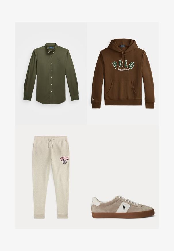 Brauner Kapuzenpullover mit grünem und weißem "POLO Ralph Lauren" Schriftzug, Kängurutasche vorne und kleinem weißen Logo auf der linken Ärmelbündchen.; Langärmliges, olivgrünes Hemd aus Baumwolle mit Knopfleiste. Verfügt über ein kleines gesticktes Logo auf der Brust, einen klassischen Kragen und Knopfdetails.; Beige Sweathose mit Kordelzug und Seitentaschen sowie rotem "POLO"-Logo und Emblem am oberen linken Oberschenkel.; Beiger Wildleder-Sneaker mit niedrigem Schaft, weißen Schnürsenkeln, weißem Lederakzent mit schwarzem Pferdelogo und brauner Gummisohle.