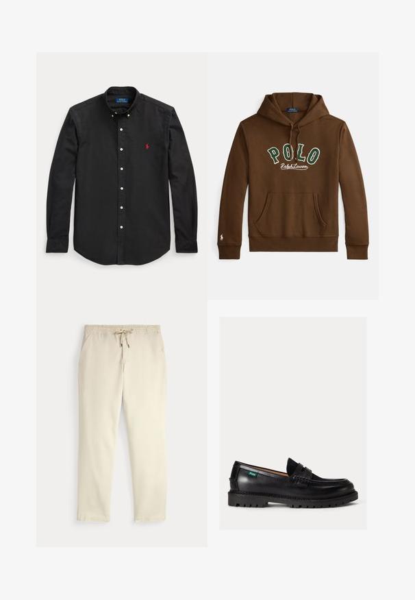 Bruine capuchontrui met groene en witte tekst "POLO Ralph Lauren", kangaroezak aan de voorkant en een klein wit logo op de mouwzoom van de linkerarm.; Zwarte blouse met lange mouwen en knopen, met rood geborduurd logo op de linkerborst en een button-down kraag.; Off-white casual broek met elastische tailleband en trekkoord, rechte pijpen en zijzakken op een effen achtergrond.; Zwarte leren loafer met dikke zool, afgeronde neus en een groene Polo logolabel aan de zijkant.