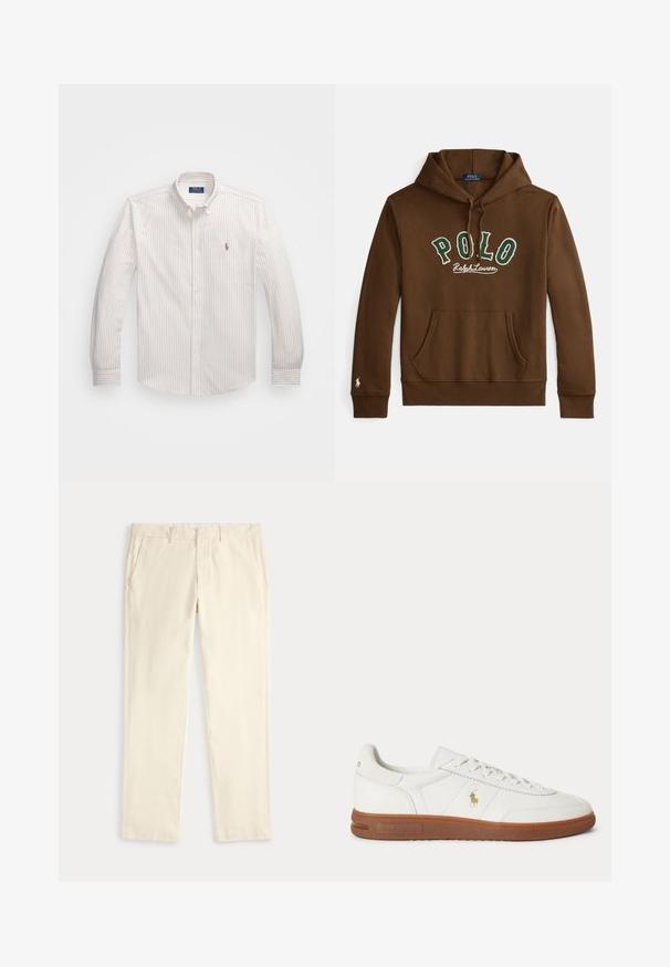 Brauner Kapuzenpullover mit grünem und weißem "POLO Ralph Lauren" Schriftzug, Kängurutasche vorne und kleinem weißen Logo auf der linken Ärmelbündchen.; Weißes Hemd mit knopflosem Kragen und feinen vertikalen Streifen in hellem Beige. Es hat einen klassischen Kragen, lange Ärmel und ein kleines gesticktes Logo auf der Brust.; Cremefarbene, gerade geschnittene Hose mit Gürtelschlaufen und Seitentaschen, flach auf hellem Hintergrund dargestellt.; Weißer Sneaker mit niedrigem Schnitt, brauner Sohle, Schnürung vorne und kleinem goldfarbenem Polo Ralph Lauren Logo an der Seite.