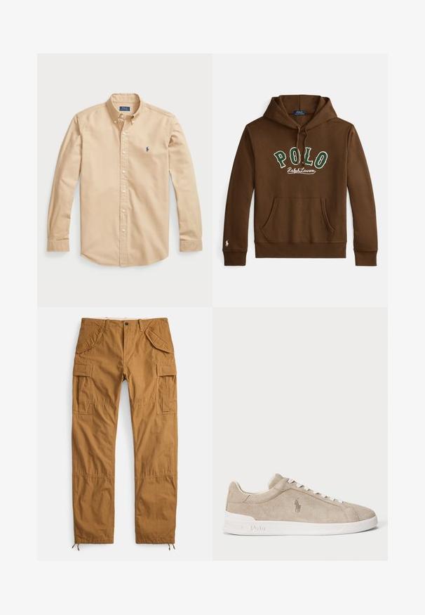 Sweat à capuche marron avec texte "POLO Ralph Lauren" en vert et blanc, poche kangourou à l'avant, et petit logo blanc sur le bord de la manche gauche.; Chemise boutonnée beige clair en coton, avec un col classique, des manches longues, des boutons blancs et un petit logo bleu sur la poitrine.; Pantalon cargo beige en coton, avec de multiples poches, une coupe décontractée et des ourlets à cordon pour une longueur ajustable.; Baskets en daim beige avec lacets et semelle blancs, logo Polo brodé sur le côté et "Polo" en relief sur la semelle.