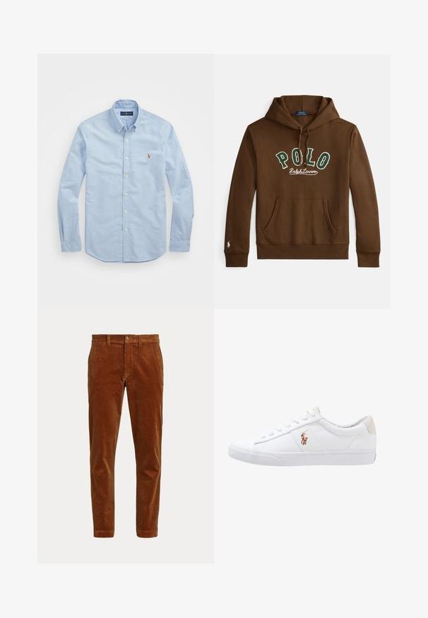 Bruine capuchontrui met groene en witte tekst "POLO Ralph Lauren", kangaroezak aan de voorkant en een klein wit logo op de mouwzoom van de linkerarm.; Lichtblauwe overhemd met lange mouwen, gemaakt van katoen, met een klassieke kraag en een klein rood geborduurd logo op de borst.; Bruine slim-fit corduroy broek met riemlussen, een knoopsluiting en twee zijzakken, getoond op een witte achtergrond.; Witte canvas sneakers met een laag ontwerp, featuring een beige hieltab en een klein geborduurd logo aan de zijkant. Rubber zool.
