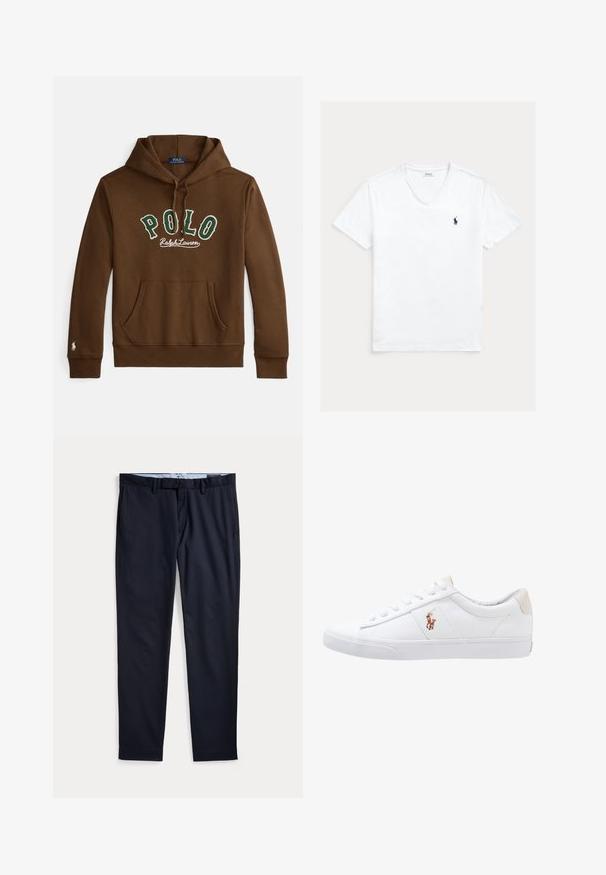 Bruine capuchontrui met groene en witte tekst "POLO Ralph Lauren", kangaroezak aan de voorkant en een klein wit logo op de mouwzoom van de linkerarm.; Witte T-shirt met V-hals en korte mouwen, met klein marineblauw Polo Ralph Lauren-logo op de linkerborst, plat weergegeven op een lichte achtergrond.; Donkerblauwe herenkleedbroek met ceintuurlussen, ritssluiting en zijzakken, plat gelegd op een witte achtergrond.; Witte canvas sneakers met een laag ontwerp, featuring een beige hieltab en een klein geborduurd logo aan de zijkant. Rubber zool.