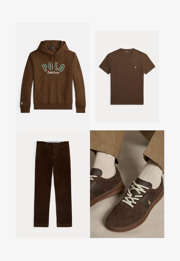 Brun hættetrøje med grøn og hvid "POLO Ralph Lauren" tekst, front-lomme som en kænguru, og lille hvidt logo på venstre ærmekant.; Brun kortærmet rundhalset t-shirt med lille gul Polo Ralph Lauren-logo på venstre bryst.; Brune kordbukser med forlommer, bæltestropper og knaplukning, vist på hvid baggrund.; Brune ruskindssneakers med hvide snørebånd båret med beige ribstrikkede sokker og lysebrune bukser.