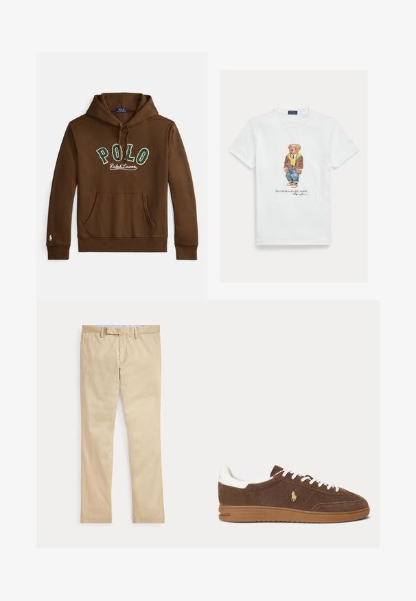 Bruine capuchontrui met groene en witte tekst "POLO Ralph Lauren", kangaroezak aan de voorkant en een klein wit logo op de mouwzoom van de linkerarm.; Wit katoenen T-shirt met een afbeelding van een geklede cartoonbeer. Opvallende details zijn een bruine jas, gele hoodie en blauwe spijkerbroek.; Beige broek met rechte pijpen, ceintuurlussen en een voorrits, plat gelegd tegen een witte achtergrond.; Bruine suède sneaker met witte veters en hiel, rubberen zool en gouden Ralph Lauren paardenlogo op de zijkant.