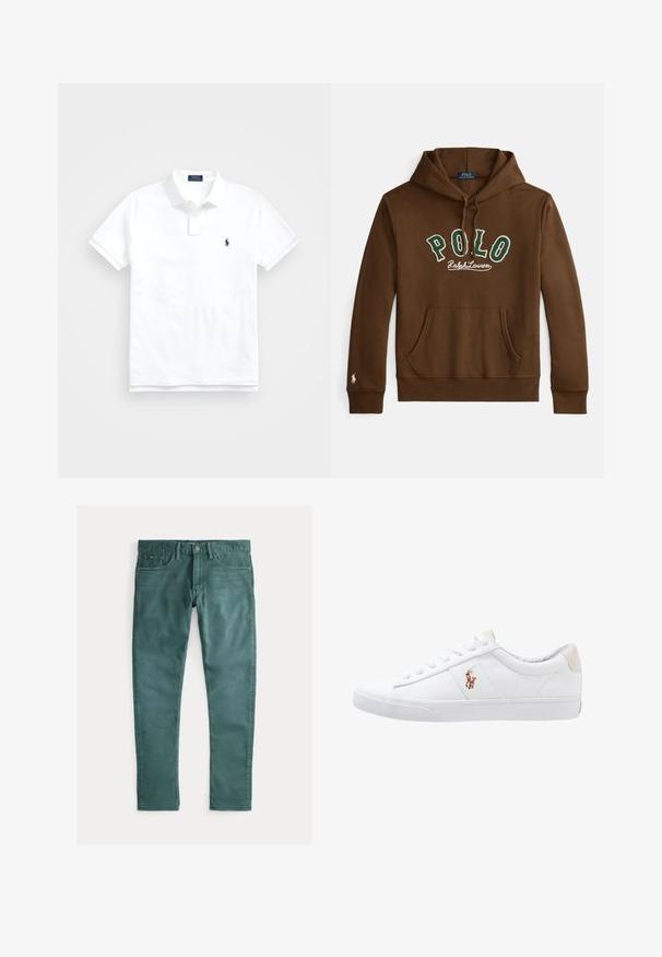 Sweat à capuche marron avec texte "POLO Ralph Lauren" en vert et blanc, poche kangourou à l'avant, et petit logo blanc sur le bord de la manche gauche.; Polo blanc à manches courtes avec col, deux boutons et petit logo brodé bleu marine sur la poitrine gauche.; Jeans en coton vert avec une coupe slim. Comprend deux poches avant, une fermeture éclair et des coutures contrastées. Texture lisse, couleur uniforme.; Baskets en toile blanches avec un design basse, présentant un onglet de talon beige et un petit logo brodé sur le côté. Semelle en caoutchouc.