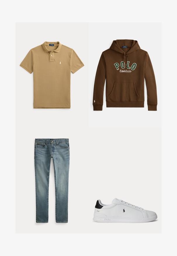 Pruun kapuutsiga tõmblukk, ees rohevalge "POLO Ralph Lauren" tekst, ees kängurutasku ja väike valge logo vasaku varruka mansetil.; Beež lühikeste varrukatega polosärk krae, kahe-nupulise nööbiliistu ja vasakul rinnal väikese valge tikitud logoga.; Sirged säärtega sinised teksad, ees taskud, vööaasad ja nööpidega sulgemine.; Valge madala säärega toss musta kandumärgiga, paelte ja Polo Ralph Laureni logoga küljel, reljeefsete talladetailidega.