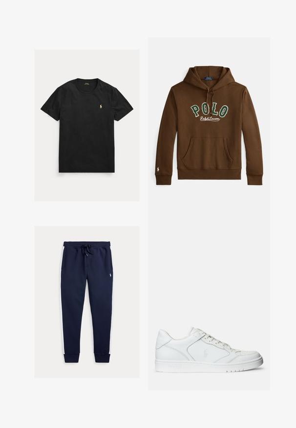 Bruine capuchontrui met groene en witte tekst "POLO Ralph Lauren", kangaroezak aan de voorkant en een klein wit logo op de mouwzoom van de linkerarm.; Zwart T-shirt met korte mouwen en ronde hals met klein geel Polo Ralph Lauren-logo op de linkerborst.; Donkerblauwe joggingbroek met witte zijpanelen, elastische tailleband met trekkoord, geribbelde boorden en een klein geborduurd logo op het bovenbeen.; Witte leren sneaker met een gladde textuur, voorzien van een geperforeerde neus, vetersluiting en geborduurde logo aan de zijkant. Witte rubberen zool.