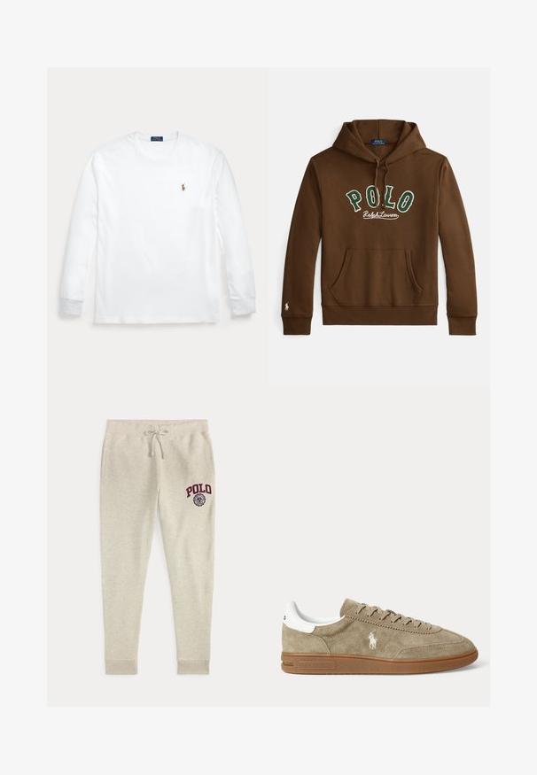 Bruine capuchontrui met groene en witte tekst "POLO Ralph Lauren", kangaroezak aan de voorkant en een klein wit logo op de mouwzoom van de linkerarm.; Witte longsleeve met ronde hals en klein geborduurd Polo Ralph Lauren-logo op de linkerborst.; Beige joggingbroek met trekkoord, zijzakken en rood "POLO"-logo en embleem op de bovenste linker dij.; Beige suède lage sneaker met bruine zool, witte hiel-detail, veters en een wit geborduurd polo-speler logo aan de zijkant.