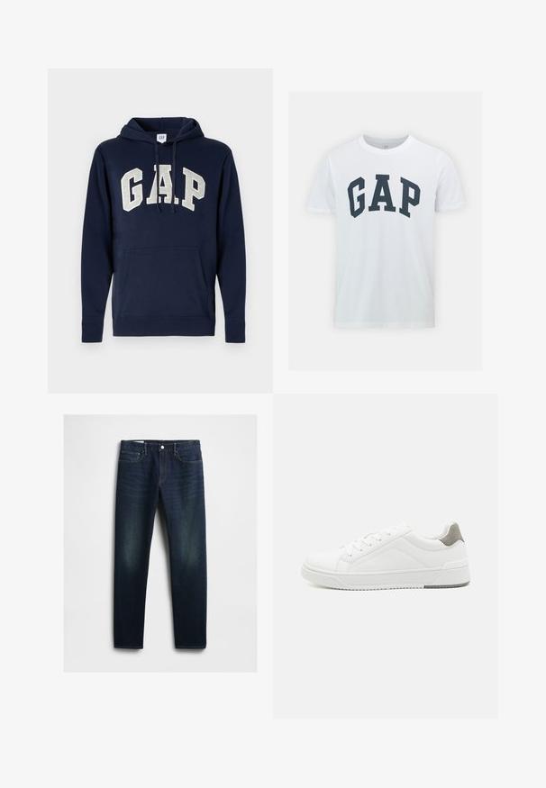 Marineblaue Baumwollkapuzenjacke mit einem großen, hellgrauen "GAP"-Logo, einer vorderen Tasche und Kordeln an der Kapuze. Klassisches Design mit gerippten Bündchen.; GAP EVERYDAY SOFT BASIC LOGO - T-Shirt print - white global; Dunkelblaue Denim-Jeans mit geradem Schnitt, ausgestattet mit fünf Taschen, einem Knopfverschluss und dezentem Verblassen an den Oberschenkeln. Klassische Steppnähte.; Weißer Sneaker aus glattem Leder, runde Zehenpartie, minimalistisches Design, graue Fersenkante und strukturierte Gummisohle.