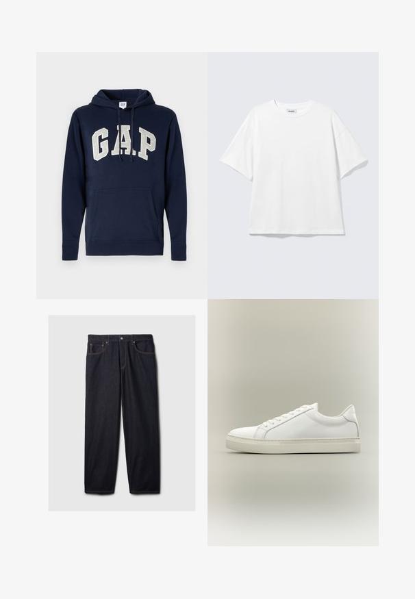 Marineblå bomuldshoodie med et stort, lys gråt "GAP" logo, forlommeklap og snore i hætten. Klassisk design med ribbede manchetter.; Hvid oversized t-shirt med korte ærmer og rund halsudskæring med sænkede skuldre, fladt lagt på lys grå baggrund.; Mørke denim jeans med lige pasform, der har en knap- og lynlås-lukning, to frontlommer og kontrastfarvet orange syning.; Hvid lavtop sneaker med snørebånd foran og tyk sål, vist fra siden mod en neutral baggrund.