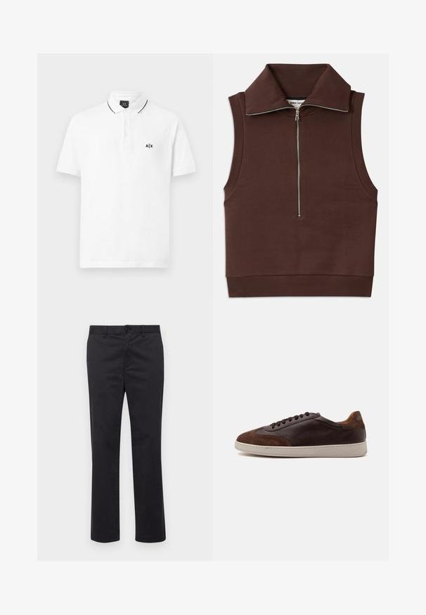 Haut sans manches marron avec un col haut, doté d'une fermeture éclair à l'avant et d'une texture côtelée au col et à l'ourlet. Tissu lisse avec des coutures minimales.; Polo shirt blanc en coton, doté d'une patte de boutonnage à trois boutons, de manches courtes et d'un logo noir brodé sur la poitrine gauche.; Pantalons en coton noir avec une coupe droite, dotés d'une fermeture à bouton et de passants de ceinture. Texture lisse, sans motifs ni accents visibles.; Basket basse en cuir et daim marron avec des lacets marron foncé et une semelle en caoutchouc blanche vue du côté extérieur.