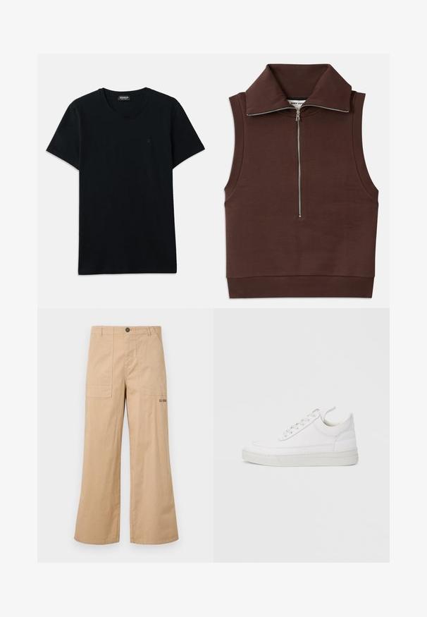 Brauner ärmelloser Oberteil mit hohem Kragen, ausgestattet mit einem Frontreißverschluss und geripptem Stoff am Kragen und Saum. Glattes Material mit minimalen Nähten.; Dondup SLIM FIT - T-Shirt basic - black; Beige Baumwoll-Cargo-Hosen mit weitem Beinschnitt, vorderen aufgesetzten Taschen und einem Logo auf der Gesäßtasche. Leichter Stoff mit glatter Textur.; Weißer Ledersneaker mit abgerundetem Zehenbereich, flacher Sohle und Schnürverschluss. Verfügt über Nahtdetails und einen gepolsterten Kragen für zusätzlichen Komfort.