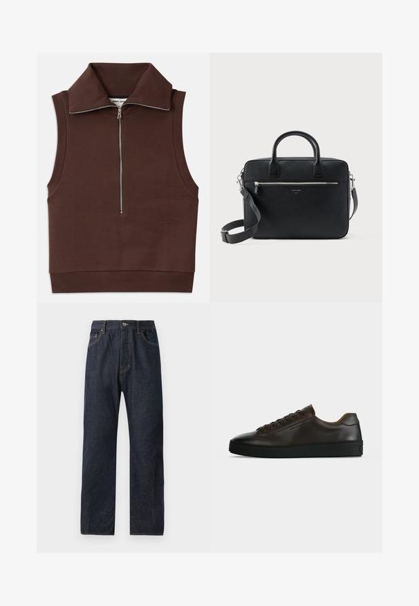 Haut sans manches marron avec un col haut, doté d'une fermeture éclair à l'avant et d'une texture côtelée au col et à l'ourlet. Tissu lisse avec des coutures minimales.; Jean en denim bleu foncé avec une coupe droite, comportant cinq poches, des coutures discrètes et une fermeture à bouton au niveau de la taille.; Baskets basses en cuir marron foncé avec semelle en caoutchouc noire, lacets à l'avant et design minimaliste épuré sur fond clair.; Serviette rectangulaire en cuir noir texturé avec double poignée, poche avant zippée et bandoulière réglable présentée sur fond blanc.
