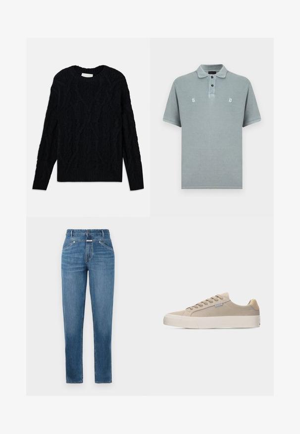 Mørkeblå kabelstrikket sweater med rund hals, tekstureret mønster og ribbede kanter ved ærmer og bund. Fremstillet af et tykt tekstilmateriale.; Lysegrå polo i bomuldsstof. Har klassisk krave, tre-knaps lukning og broderede logodetaljer på brystet.; Blå, højtaljede straight-leg jeans med frontlommer, bæltestropper, knaplukning og subtile falmningdetaljer.; Beige lavt støvle i ruskind med tone-i-tone snørebånd, tyk hvid gummisål og lille mærketag på sidepanelet.