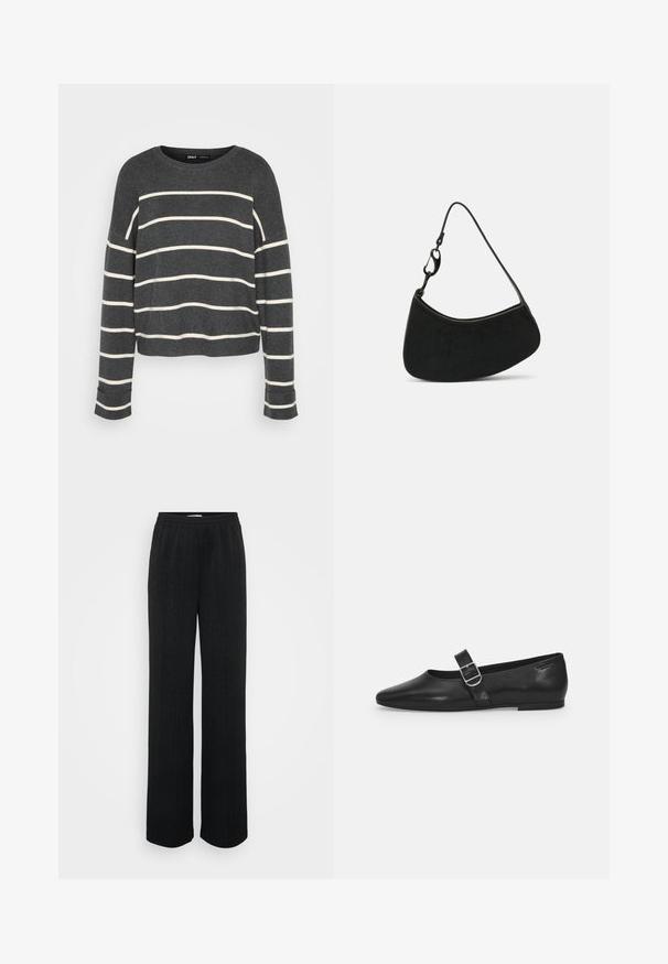 Pull long à manches longues gris foncé avec des rayures horizontales blanches, encolure ronde, texture côtelée et design légèrement court.; Pantalons larges noirs en tissu texturé avec des rayures verticales et une taille élastique pour le confort.; Chaussure plate en cuir noir avec un bout arrondi, une seule sangle réglable à boucle et une texture lisse et brillante. Design minimaliste avec un petit talon.; Sac à main noir à la forme incurvée, texture lisse et courte bandoulière avec un fermoir en métal. Design minimaliste sans motifs ni accents.