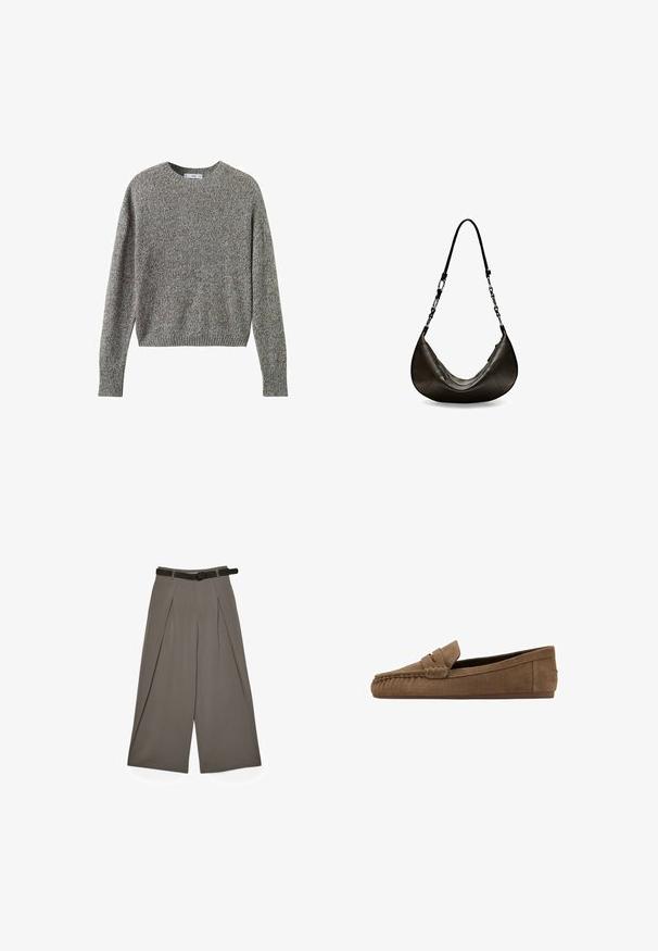 Lysegrå strikket sweater med rund halsudskæring, lange ærmer og ribbet kant; har et tekstureret mønster.; Bred-læggede grå bukser med frontfolder og et sort bælte, vist fladt på en hvid baggrund.; Brun mokkasinsko i ruskind med penny-rem og syet detalje langs tåen, flad sål, sidelæns profil mod hvid baggrund.; Sort læderhåndtaske i halvmåneform med kæde- og læderrem, buet design og lynlåslukning på den ene side.