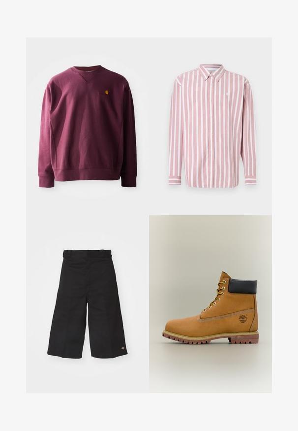 Sudadera burdeos de mezcla de algodón. Presenta un diseño de cuello en V y puños acanalados. Pequeño logo amarillo en el pecho. Textura suave.; Camisa de botones a rayas en rosa y blanco. Cuenta con cuello, mangas largas y un pequeño logo. Confeccionada con tela tejida.; Pantalones cortos de pierna ancha en negro, hechos de un tejido duradero. Presentan una textura suave y un pequeño logo en el dobladillo. Cuatro trabillas en la cintura.; Bota de tobillo de cuero marrón con cuello negro, cordones amarillos y suela beige. Presenta un logotipo y detalles de costura blanca. Suela exterior con tracción robusta.