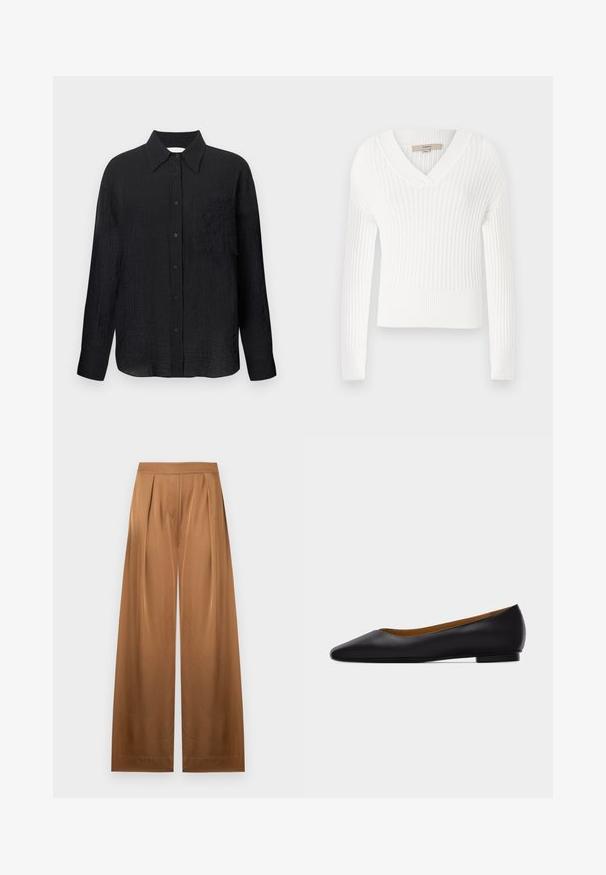 Suéter blanco de punto acanalado con escote en V, mangas largas y diseño corto; presenta un acabado texturizado y puños ajustados.; Camisa negra de botones con un patrón texturizado, cuello puntiagudo, mangas largas y un bolsillo en el pecho. Fabricada con tela ligera.; Pantalones marrones de tiro alto y pierna ancha con textura lisa y pliegues frontales sutiles sobre un fondo blanco liso.; Zapato plano de punta puntiaguda de cuero negro con tacón bajo y acabado liso, mostrado de perfil sobre un fondo gris claro.