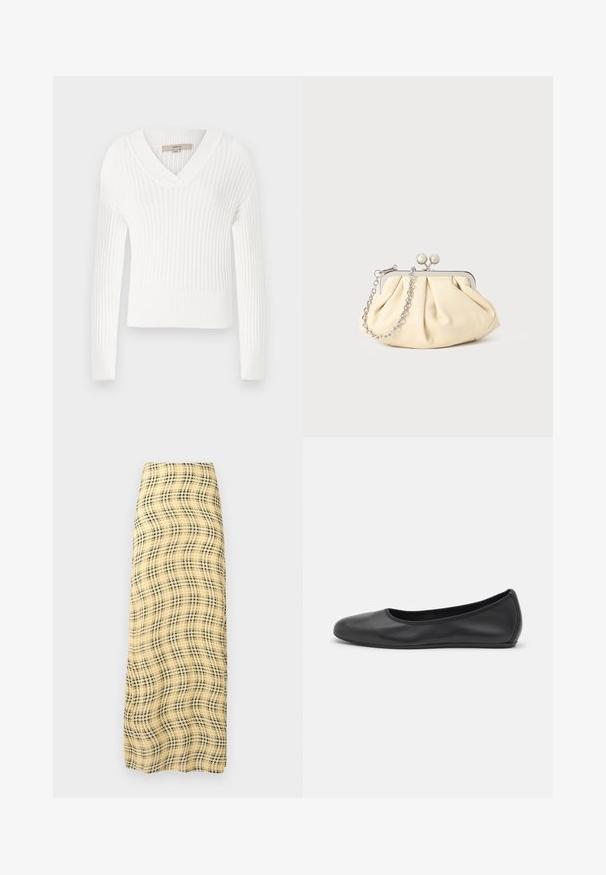 Witte geribbelde gebreide trui met een v-hals, lange mouwen en een cropped ontwerp; heeft een gestructureerde afwerking en aansluitende manchetten.; Rabanne Maxirok - green/yellow/cream; Zwarte leren ballerina met een ronde neus, gladde textuur, minimale stikdetails en een flexibele zoolontwerp.; Geplooide beige leren clutch met een zilveren metalen frame, voorzien van twee ronde decoratieve sluitingen en een zilveren kettingriem.
