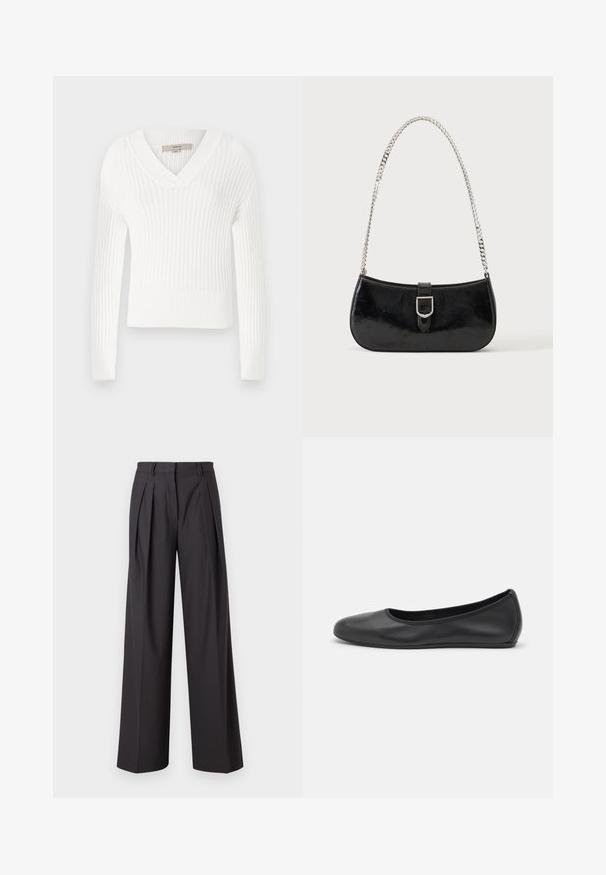 Suéter blanco de punto acanalado con escote en V, mangas largas y diseño corto; presenta un acabado texturizado y puños ajustados.; Pantalones de pierna ancha en tejido gris oscuro, con pliegues frontales, una textura suave, una cintura de tiro medio y presillas para cinturón.; Bailarina de piel negra con punta redondeada, textura suave, detalle de costura minimalista y diseño de suela flexible.; Bolso de hombro de charol negro con detalle de hebilla plateada y correa de cadena plateada, presentado sobre un fondo liso y claro.