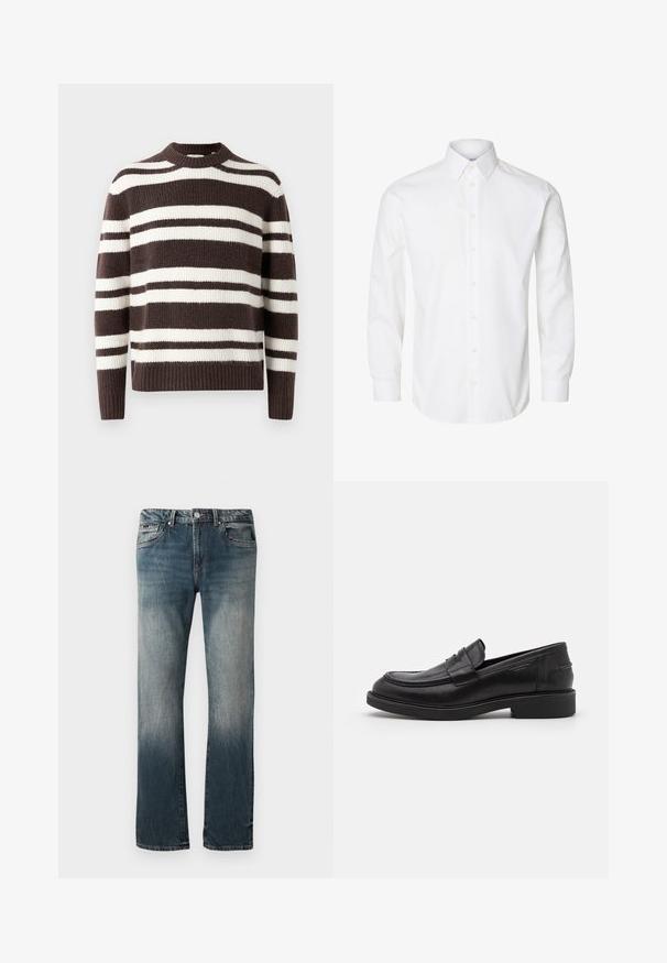 Brun og hvid stribet sweater, lavet af tekstureret strikmateriale, med rund hals og ribstrikkede manchetter og kant.; Hvid skjorte med lange ærmer, knapper foran, spids krave og knappede manchetter.; Herre lige pasform blå denim jeans med falmet vask og fem-lomme design mod en hvid baggrund.; Sorte læder loafers med en rund tå, tonale syninger og en stropdetalje foran. Gummisål med en lav hæl.