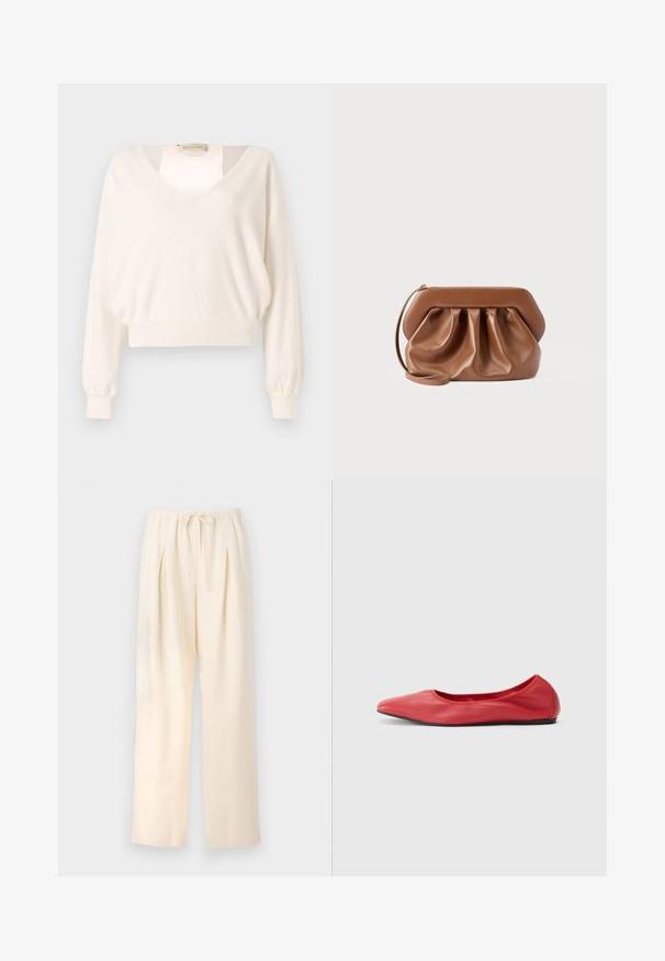 Jersey de manga larga color crema con cuello en V profundo y puños y dobladillo acanalados, mostrado sobre un fondo gris claro liso.; Pantalones plisados beige con cinturilla elástica y cordón ajustable. Tejido ligero y diseño de pierna ancha y recta.; Filippa K REY FLATS - Bailarinas - bright red; Bolso de mano de cuero marrón con detalle fruncido, estructura rígida, correa para la muñeca y cremallera dorada sobre un fondo claro y liso.