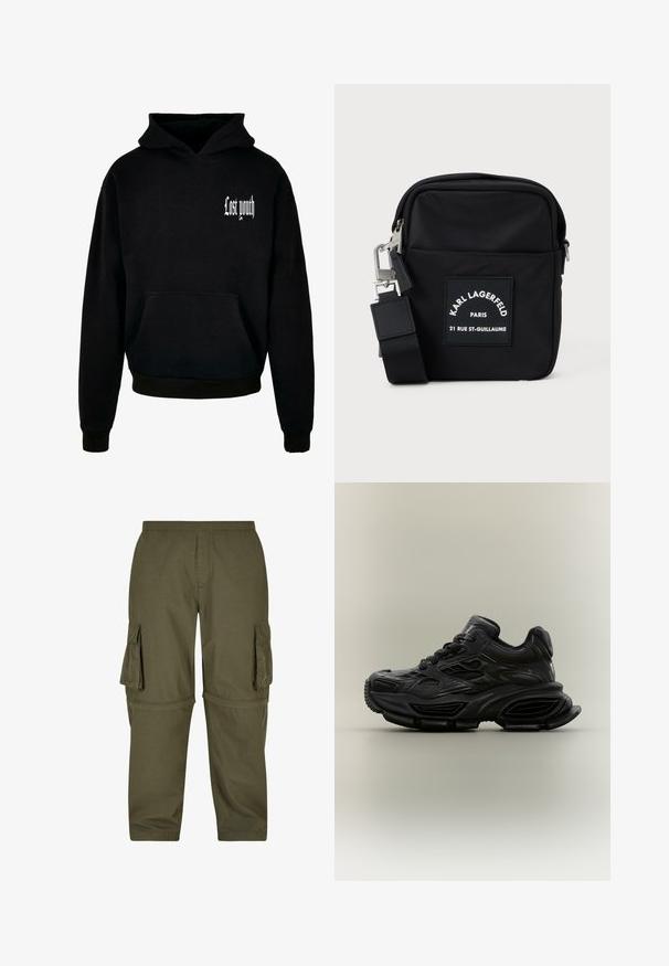 Sudadera negra con capucha y bolsillo frontal, que presenta el texto blanco "Juventud perdida" en la esquina superior izquierda. Material de mezcla de algodón.; Pantalones cargo verde oliva hechos de tejido ligero, con varios bolsillos laterales, una cintura elástica y un diseño de corte recto.; Zapatilla deportiva negra y gruesa con diseño texturizado, suela gruesa y cierre de cordones mostrada sobre un fondo neutro y sencillo.; Bolsa cruzada de nailon negra con forma rectangular, presenta una etiqueta en el parche frontal, herrajes plateados y una correa ajustable.
