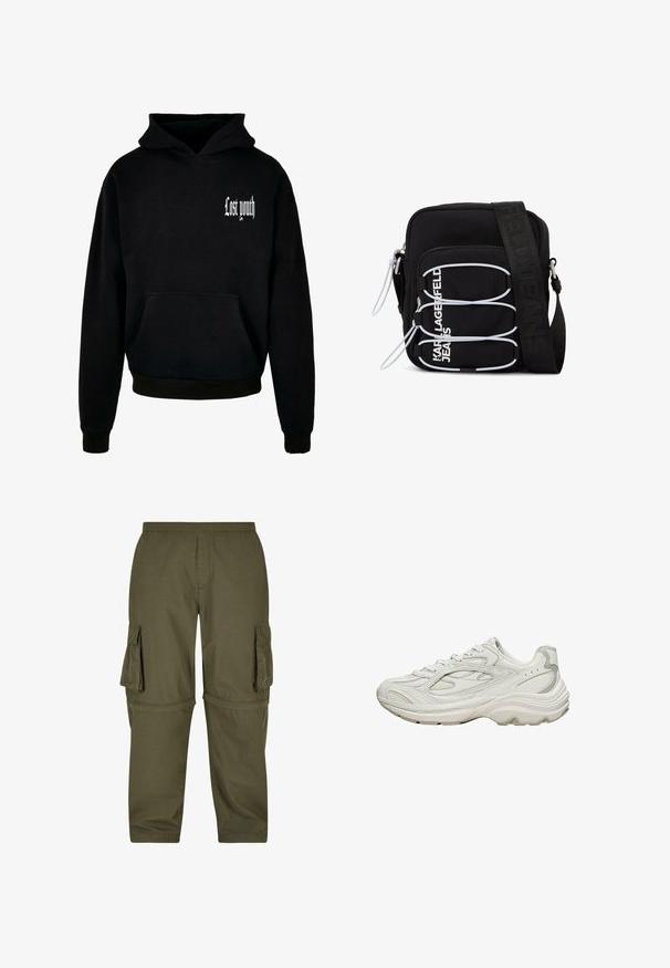 Zwarte hoodie met een voorzak, met in de bovenste linkerhoek witte tekst "Lost youth". Gemaakt van een katoenmix.; Olijfgroene cargobroek gemaakt van lichtgewicht stof, met meerdere zijzakken, een elastische tailleband en een recht gesneden ontwerp.; Witte sneaker met een gestructureerd bovenwerk en een dikke zool. Kenmerken zijn onder andere gebogen lijnen, subtiele grijze accenten en een veterontwerp.; Zwarte crossbodytas met witte elastische lussen, ritstrekken en witte tekst "KARL LAGERFELD JEANS" op het voorvak.