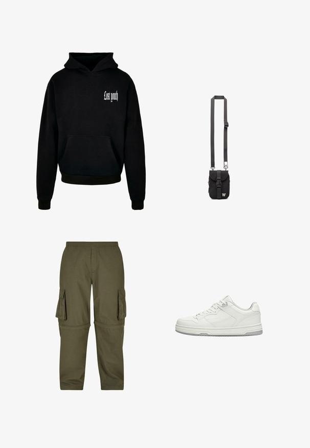 Schwarzer Kapuzensweatshirt mit einer vorderen Tasche, versehen mit weißem Text "Lost youth" in der oberen linken Ecke. Aus Baumwollmischung.; Olivgrüne Cargo-Hosen aus leichtem Material, mit mehreren Seitentaschen, einem elastischen Bund und einem geraden Schnitt.; Weißer Sneaker mit niedrigem Schaft, Schnürung vorne, detaillierter Naht und grauer Gummisohle auf weißem Hintergrund.; Schwarze Stoff-Crossbody-Tasche mit verstellbarem Riemen, Klappe vorne und Reißverschlusstasche. Mit gebrandeten Beschlägen und kompaktem rechteckigem Design.