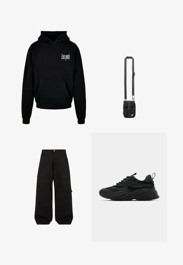 Schwarzer Kapuzensweatshirt mit einer vorderen Tasche, versehen mit weißem Text "Lost youth" in der oberen linken Ecke. Aus Baumwollmischung.; Schwarze Cargo-Hosen aus strapazierfähiger Baumwolle mit lockerer Passform. Verfügt über mehrere Utility-Taschen und ein gerades Bein Design.; Schwarze Sportschuhe mit einer dicken Sohle, Mesh-Einsätzen und Gummidetails. Verfügen über eine Zuglasche an der Ferse und strukturierte Muster.; Schwarze Stoff-Crossbody-Tasche mit verstellbarem Riemen, Klappe vorne und Reißverschlusstasche. Mit gebrandeten Beschlägen und kompaktem rechteckigem Design.