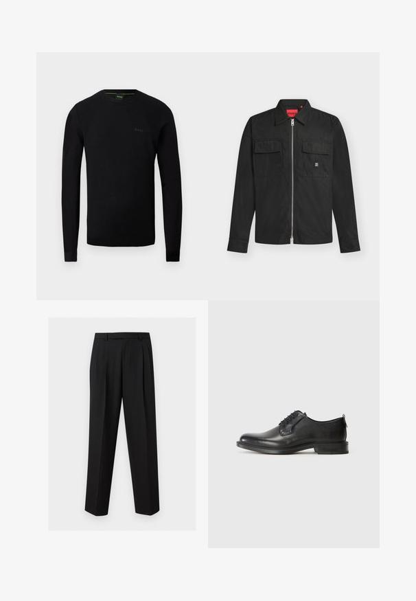 Pull noir à manches longues pour homme avec col rond, texture subtile sur les épaules et logo "BOSS" sur la poitrine à gauche.; Veste noire zippée à manches longues avec col, deux poches avant à rabat et logo HUGO visible sur la poche droite.; Pantalon noir sur mesure avec jambes droites, plis à la taille, passants de ceinture et poches latérales fendues, présenté sur un fond uni.; Chaussure de ville pour homme en cuir noir à lacets, avec un petit talon et une finition lisse, présentée en profil latéral sur un fond clair et uni.