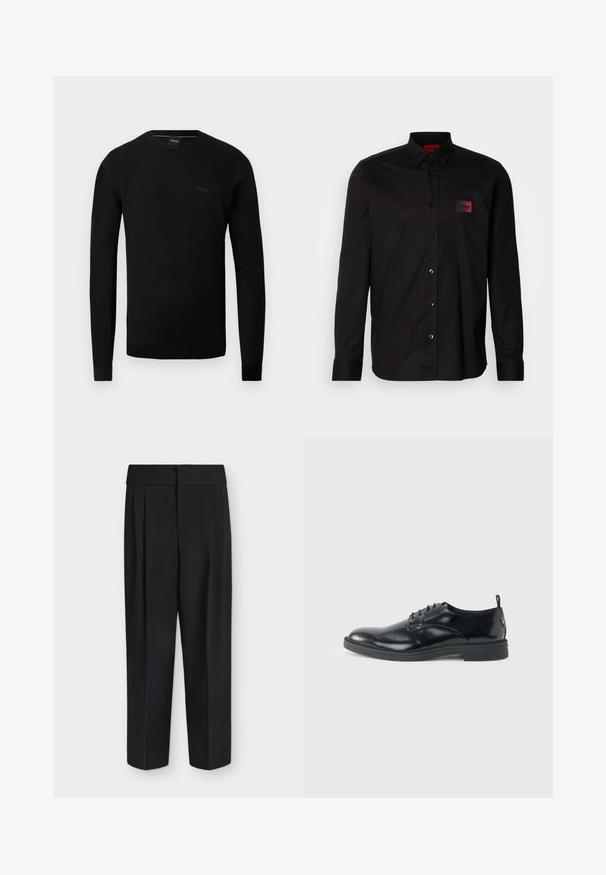 Pull noir à manches longues pour homme avec col rond, texture subtile sur les épaules et logo "BOSS" sur la poitrine à gauche.; Chemise noire à manches longues en tissu lisse, dotée d'une fermeture à boutons, d'un col classique et d'un petit patch de marque rouge sur la poitrine.; Pantalon noir taille haute à jambes droites avec plis devant et large ceinture, présenté à plat sur fond blanc.; Chaussure habillée en cuir noir brillant avec un petit talon, fermeture à lacets et bout rond, vue de côté sur un fond uni et clair.