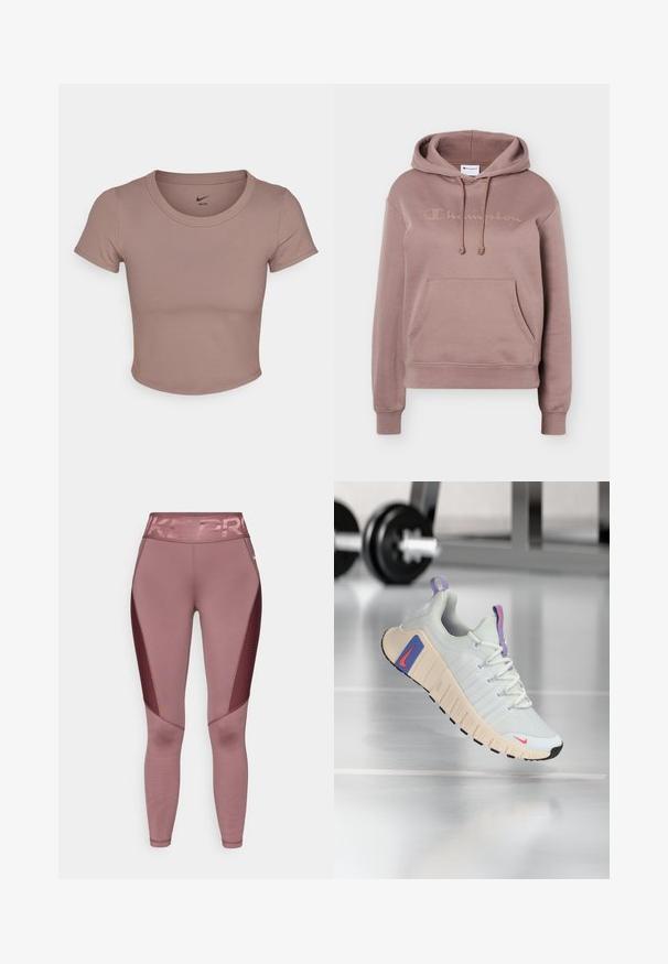 Mauve Champion hoodie met voorvak, verstelbare trekkoordkap, geribde boorden en een subtiel reliëflogo op de borst.; Bruine cropped t-shirt gemaakt van soepele stof, met een ronde halslijn en korte mouwen. Nike-logo gedrukt aan de binnenkant van de kraag.; Roze sportlegging met een hoge tailleband met "NIKE PRO" in glanzende letters. De zijpanelen hebben een textuur van mesh ontwerp.; Sneaker met een lichtgrijs mesh bovenwerk, gevoerde kraag en een textuur crème zool. Bevat roze en blauwe accenten en een zwarte rubberen loopvlak.