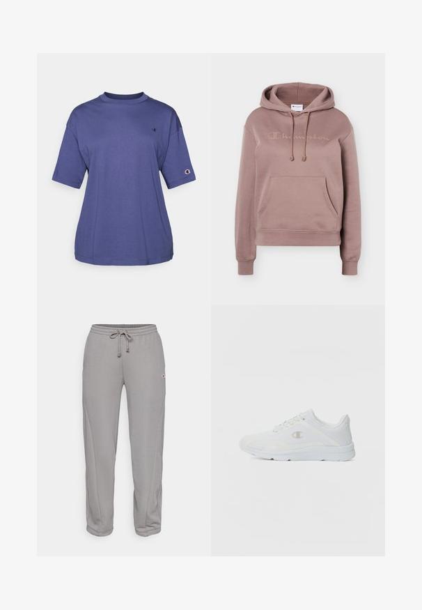 Mauve Champion Hoodie mit Fronttasche, verstellbarer Kordelzugkapuze, gerippten Bündchen und dezent geprägt Logo auf der Brust.; Lila Baumwoll-T-Shirt mit Rundhalsausschnitt und kurzen Ärmeln, mit einem kleinen Logo auf der Brust und einem Logo-Patch am Ärmel.; Graue Jogginghose mit Kordelzugbund, geradem Schnitt, Seitentaschen und kleinem Logo am linken Oberschenkel. Weicher, strukturierter Stoff.; Weiße Sportschuhe mit einem strukturierten Mesh-Obermaterial, gepolstertem Schaft und kontrastierendem Logo an der Seite. Verfügt über eine leichte Gummisohle.