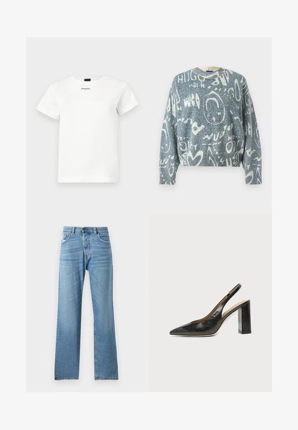 Pull tricoté bleu et blanc avec des gribouillis abstraits blancs, des formes et des motifs de texte partiel, doté d'un col rond et de manches longues.; T-shirt blanc à manches courtes avec col rond, design minimaliste, et logo "PINKO" centré sous l'encolure.; Jeans en denim bleu clair avec une coupe droite, dotés d'une taille standard, de cinq poches et d'un léger dégradé sur le tissu.; Chaussure slingback en cuir noir à bout pointu avec un talon bloc haut et une doublure intérieure beige sur un fond clair uni.