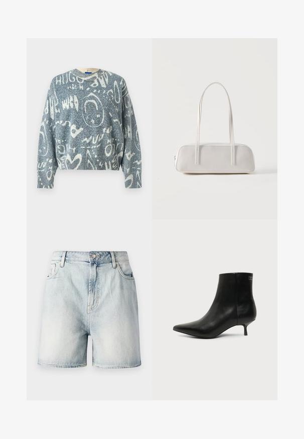 Blå og hvid strikket sweater med abstrakte hvide kruseduller, former og delvise tekstmønstre, med rund halsudskæring og lange ærmer.; Lyseblå denimshorts med knaplukning, fem lommer og en falmet struktur. Lige snit med et klassisk design.; Sort læder ankelstøvle med spids tå og lav kitten hæl på lys baggrund, der viser yderside.; Hvid rektangulær skuldertaske med lange tynde stropper, minimal syning og lynlåslukning på en ensfarvet baggrund.