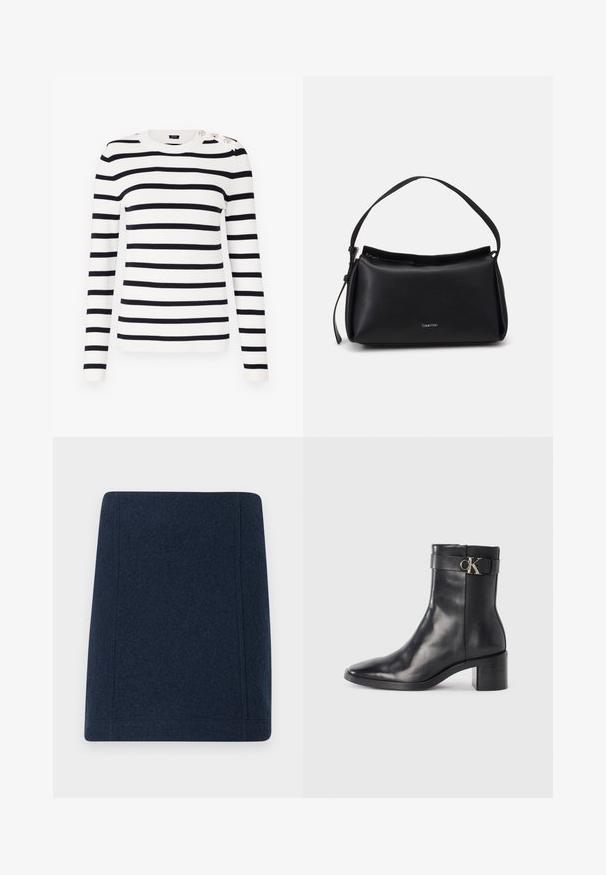 Suéter de punto a rayas en blanco y azul marino, con cuello redondo, mangas largas y botones decorativos en el hombro.; Minifalda de lana en navy con forma recta, costuras planas y una textura suave. Sin patrones ni adornos visibles.; Bota de tobillo de cuero negra con punta afilada, tacón cuadrado y una correa con un detalle de logo metálico. Textura suave y diseño minimalista.; Bolso de mano de cuero negro con una forma curva, una sola correa y un cierre de cremallera en la parte superior. Presenta un logo sutil en la parte delantera para la marca.
