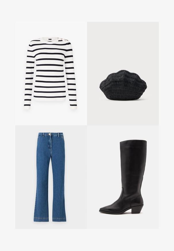 Strikket sweater med striber i hvid og navyblå, med rund hals, lange ærmer og dekorative knapper på skulderen.; Højtsiddende flared jeans lavet af middelblåt denim, med knaplukning, forlommer og synlig syning langs kanten.; Sort læderstøvle til midtkalv med spids tå og lavt skråt hæl på en enkel lys baggrund.; Sort flet håndtaske formet som en muslingeskal med en buet top og flettet tekstur på en ensfarvet baggrund.