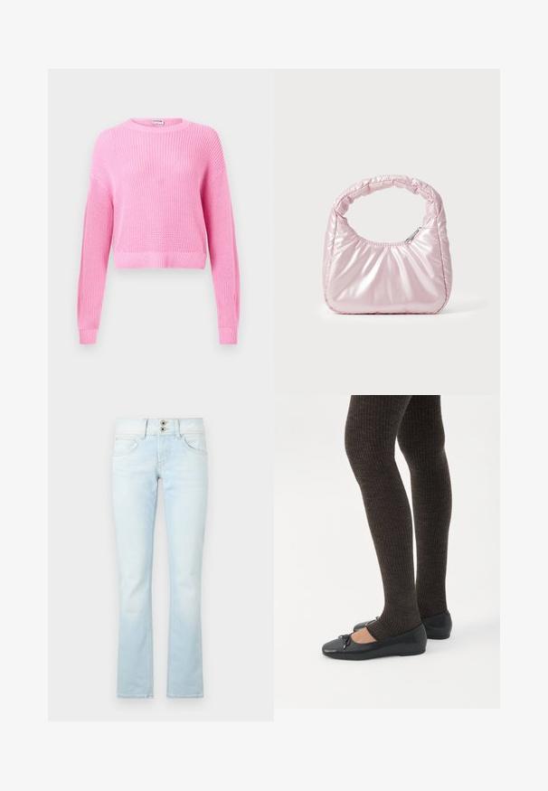 Lyserød strikket kort sweater med lange ærmer, ribbet tekstur og rund halsudskæring. Stoffet har en fin vævning og en blød finish.; Lyseblå flagrende jeans lavet af denim har en to-knaps lukning, fem lommer og diskrete, falmede detaljer gennem hele stoffet.; Ben iført mørke ribbede leggings kombineret med sorte balletsko med små sløjfedetaljer på hvid baggrund.; Rosa, polstret håndtaske med afrundet design, lavet af skinnende materiale. Har et samlet håndtag og en lynlås til sikker adgang.