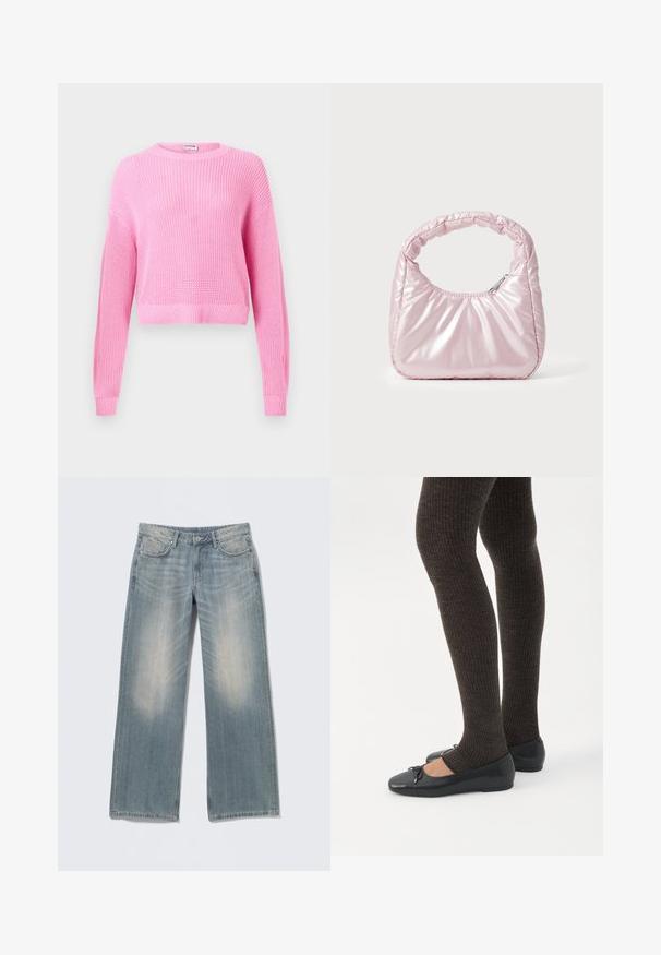 Pull court en tricot rose avec manches longues, texture côtelée et col rond. Le tissu présente un tissage fin et une finition douce.; Jean bleu clair à jambes larges avec une finition délavée, en denim. Comprend des passants pour ceinture, des poches avant et une braguette zippée avec fermeture par bouton.; Jambes portant des leggings côtelés foncés associés à des ballerines noires avec de petits détails en nœud sur fond blanc.; Sac à main rose rembourré avec un design arrondi, fabriqué à partir d'un matériau brillant. Dispose d'une poignée froncée et d'une fermeture éclair pour un accès sécurisé.