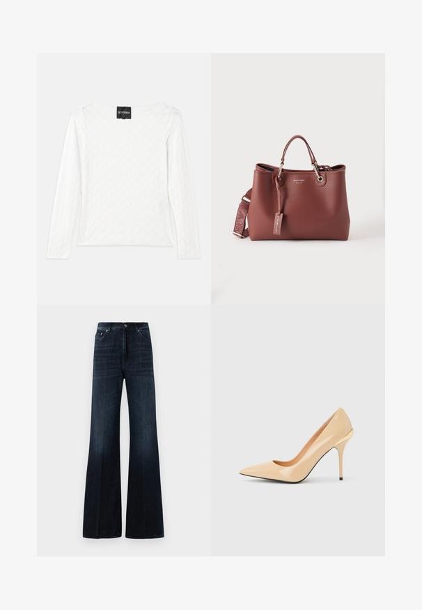 Witte lange mouwen top met een gestructureerd ruitpatroon, wijde halslijn en een label op de rug met de merknaam, Emporio Armani.; Donkerblauwe hoge taille wijde jeans met voorzakken, riemlussen en een knoop- en ritsluiting.; Beige lakleren pump met hoge hak, spitse neus en slanke stilettohak, met een klein gouden accent aan de achterkant.; Bruine leren handtas met dubbele handvatten, zilverkleurige hardware, afneembare band en een hanglabel op een effen witte achtergrond.