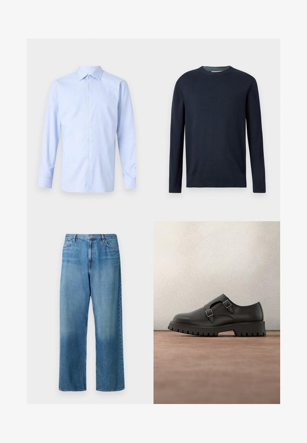 Marineblauwe crewneck trui met lange mouwen en geribde manchetten en zoom, weergegeven tegen een effen lichte achtergrond.; Lichtblauwe shirt met lange mouwen, voorzien van een geruit patroon, knoopsluiting aan de voorkant, puntige kraag en een subtiele textuur. Perfecte pasvorm met knoopmanchetten.; Lichtblauwe jeans met een wijde pijp van denim. Voorzien van een taille met normale hoogte, een ontwerp met vijf zakken en een vervaagde wassing met zichtbare stiksels.; Zwarte leren schoen met dubbele gespsluitingen, ronde neus en een stevige, gestructureerde rubberen zool. Minimalistisch ontwerp met een contrasterende blauwe binnenkant.