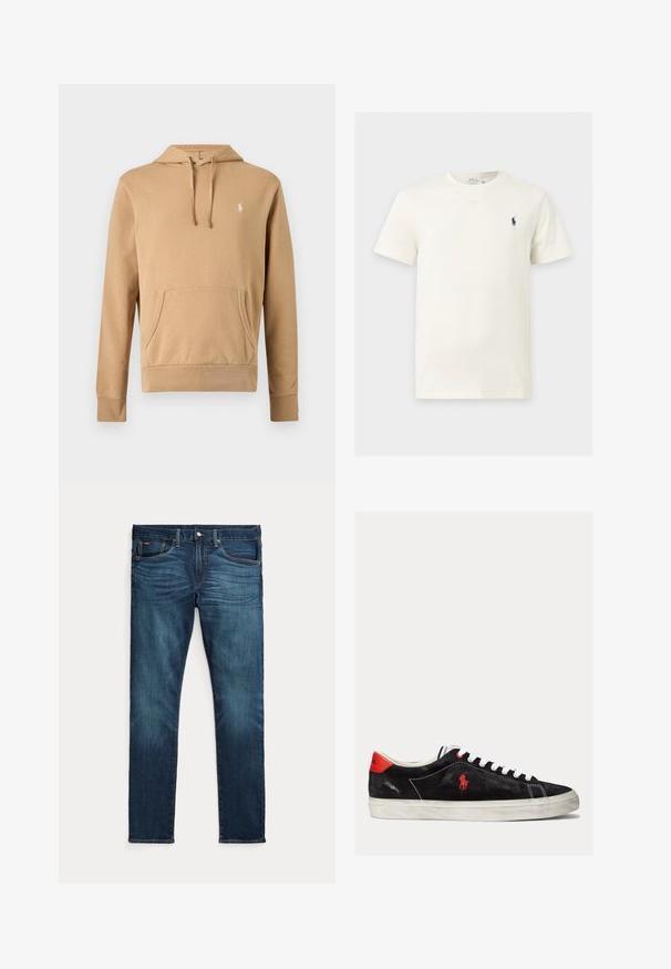 Beige hættetrøje med frontlomme, snøre i hætten, lange ærmer og lille hvidt broderet logo på brystet.; Hvid T-shirt med korte ærmer og rund hals med lille mørkt logo af en hest og rytter på venstre bryst.; Mørkeblå slim-fit jeans med frontknap og lynlås, fem lommer og subtil falmen på forreste lår og knæ.; Sorte ruskind sneakers med hvide snørebånd, røde accenter på hælen og et lille rødt logo. Har en flad gummisål og enkel syning.