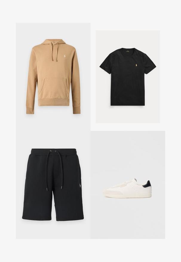 Beige capuchontrui met voorkantzak, capuchon met trekkoord, lange mouwen en een klein wit geborduurd logo op de borst.; Zwart T-shirt met korte mouwen en ronde hals met klein geel Polo Ralph Lauren-logo op de linkerborst.; Zwarte sweatshorts gemaakt van zachte stof, voorzien van een tailleband met trekkoord met metalen uiteinden en een klein logo op het been. Gladde textuur, ontworpen voor comfort.; Witte leren sneakers met suède accenten, voorzien van een zwarte hielrand, vetersluiting, geperforeerde details en subtiele merkopdruk aan de zijkant.