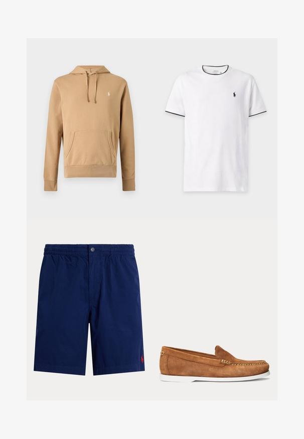 Sweat à capuche beige avec poche avant, capuche à cordon, manches longues et petit logo blanc brodé sur la poitrine.; T-shirt blanc à manches courtes avec bordure noire sur le col et les manches, avec un petit logo noir Polo Ralph Lauren sur la poitrine gauche.; Shorts homme bleu marine avec taille élastique, fermeture par bouton et petit logo rouge brodé sur le bas de la jambe droite.; Mocassin en daim marron avec semelle blanche et coutures beige le long de l'avant-pied et du bord supérieur, présenté en vue latérale sur fond uni.