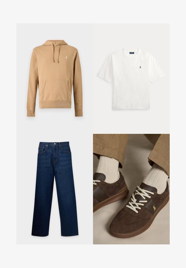Beiger Kapuzenpullover mit Fronttasche, Kordelzug an der Kapuze, langen Ärmeln und kleinem weiß besticktem Logo auf der Brust.; Weißes T-Shirt mit kurzen Ärmeln und Rundhalsausschnitt mit kleinem schwarzem Polo Ralph Lauren Pferdelogo auf der linken Brust.; Dunkelblaue Jeans mit geradem Bein, Vordertaschen, Gürtelschlaufen und Metallknopfverschluss, vor neutralem Hintergrund dargestellt.; Braune Veloursleder-Sneaker mit weißen Schnürsenkeln, getragen mit beigen gerippten Socken und hellbraunen Hosen.